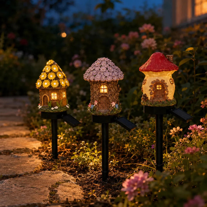 Solar Fairy Cottage Garden Stake Light, Hand-Sculpted Resin, Auto-On Warm LED