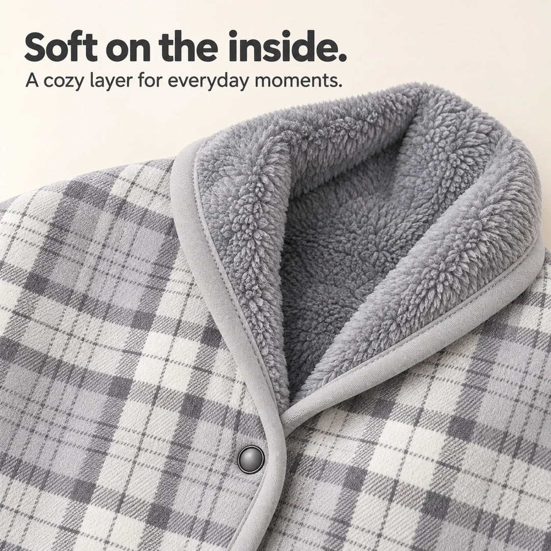 Grey plush lining and snap detail
