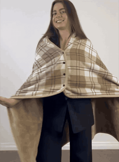 Wearable shawl draping and movement demonstration in Tan Plaid