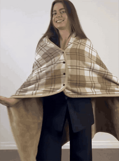 Wearable shawl draping and movement demonstration in Tan Plaid