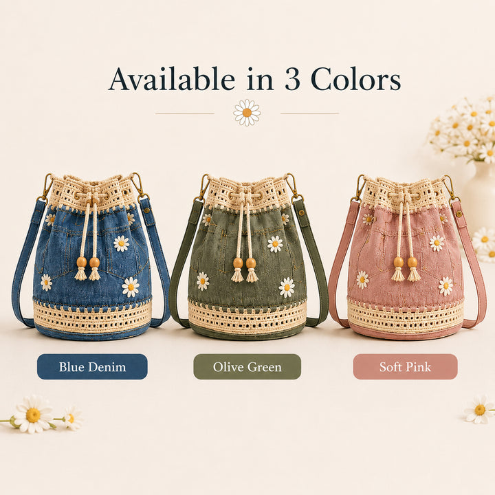 Denim Crochet Bucket Bag - Daisy Embroidered Drawstring