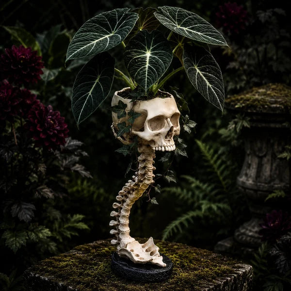 Skull Planter with Stand – Halloween Decor for Shelves