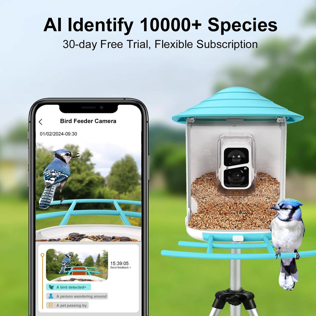 4 in. 1-Blue Smart Bird Feeder 60 oz. with Camera, Solar Panel and 140° View