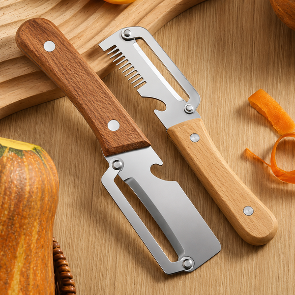 2-in-1 Stainless Steel VegetablePeeler with Wooden Handle &Bottle Opener