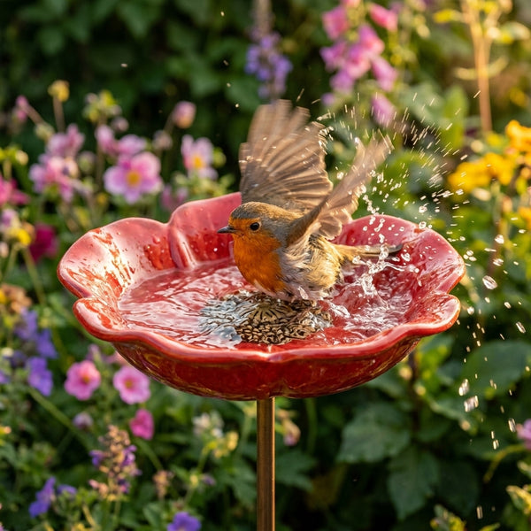 PetalHaven Hand-Formed Poppy Bird Bath – Elegant Garden Stake Decor