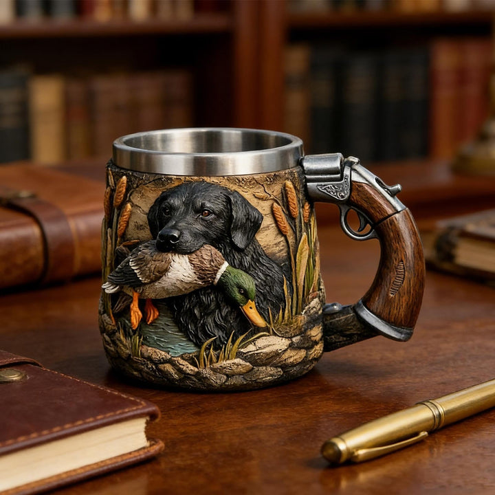Hunting Dog Resin Mug - Pistol-Grip Handle with Steel Rim