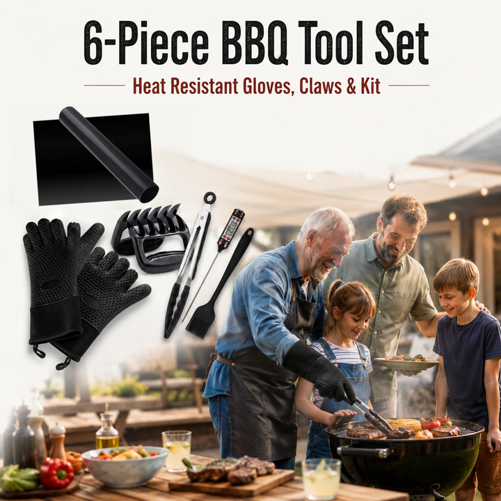 6-Piece BBQ Tool Set | Heat Resistant Gloves, Claws &amp; Kit