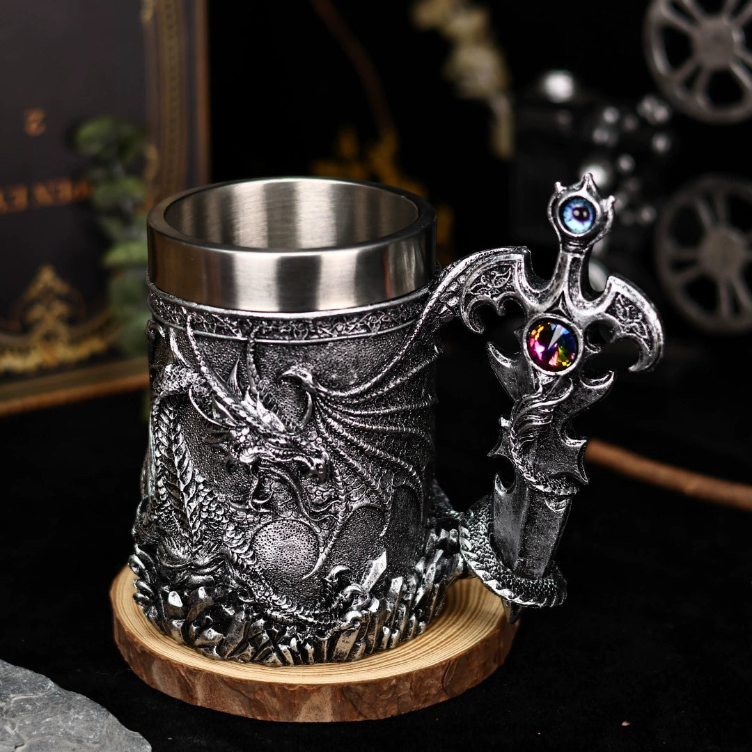 Medieval Dragon Sword Beer Mug – 3D Stainless Gothic Tankard 600ml