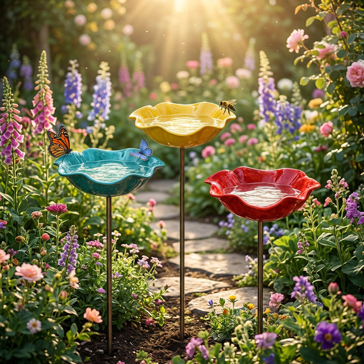 PetalHaven Hand-Formed Poppy Bird Bath – Elegant Garden Stake Decor