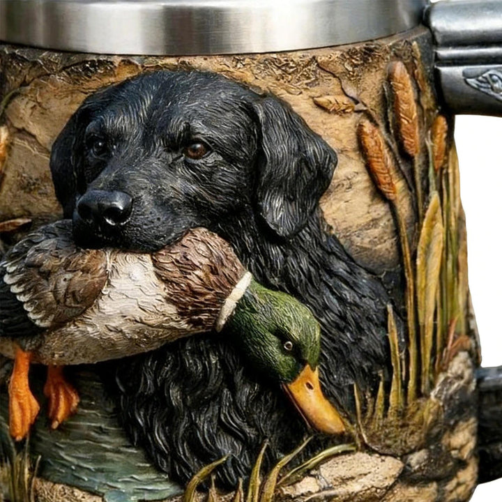 Hunting Dog Resin Mug - Pistol-Grip Handle with Steel Rim