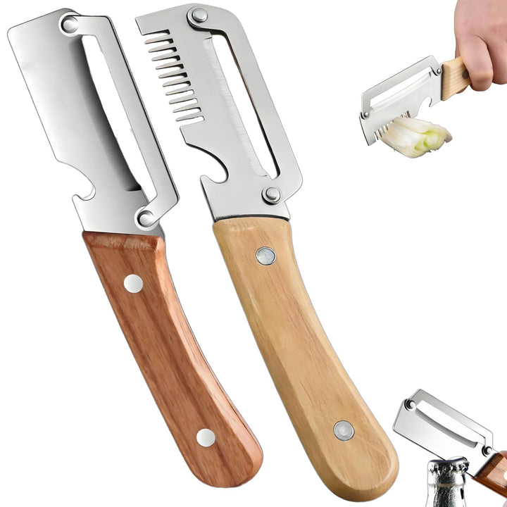 2-in-1 Stainless Steel VegetablePeeler with Wooden Handle &amp;Bottle Opener
