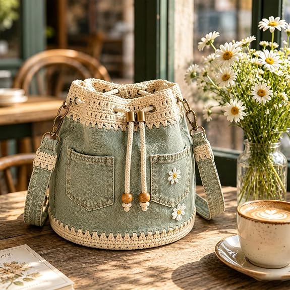 Denim Crochet Bucket Bag - Daisy Embroidered Drawstring