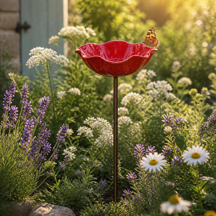 PetalHaven Hand-Formed Poppy Bird Bath – Elegant Garden Stake Decor