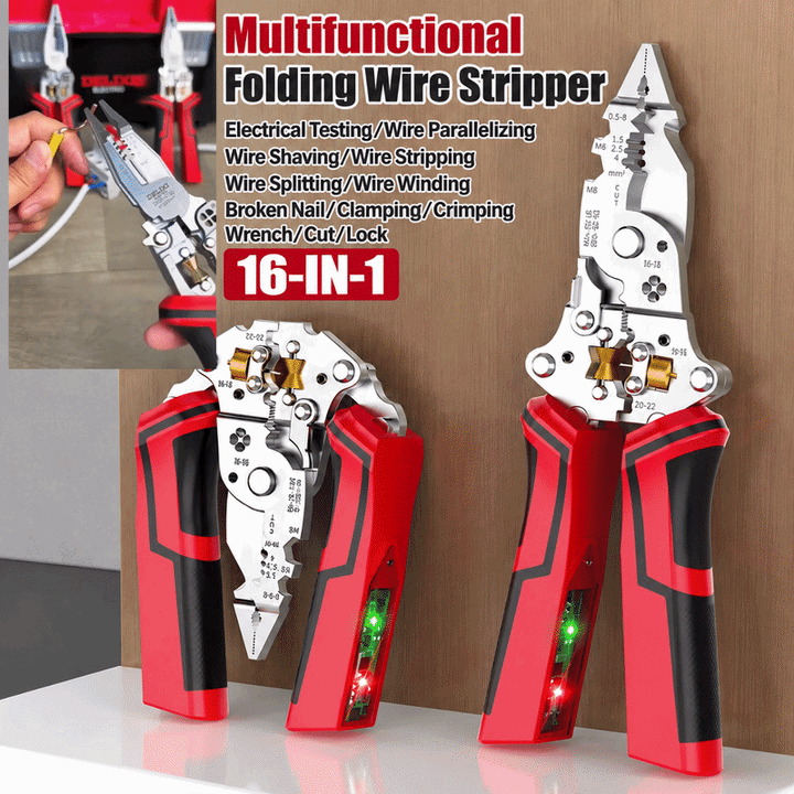 16-in-1 Folding Wire Stripper with Voltage Tester, USB-C Rechargeable