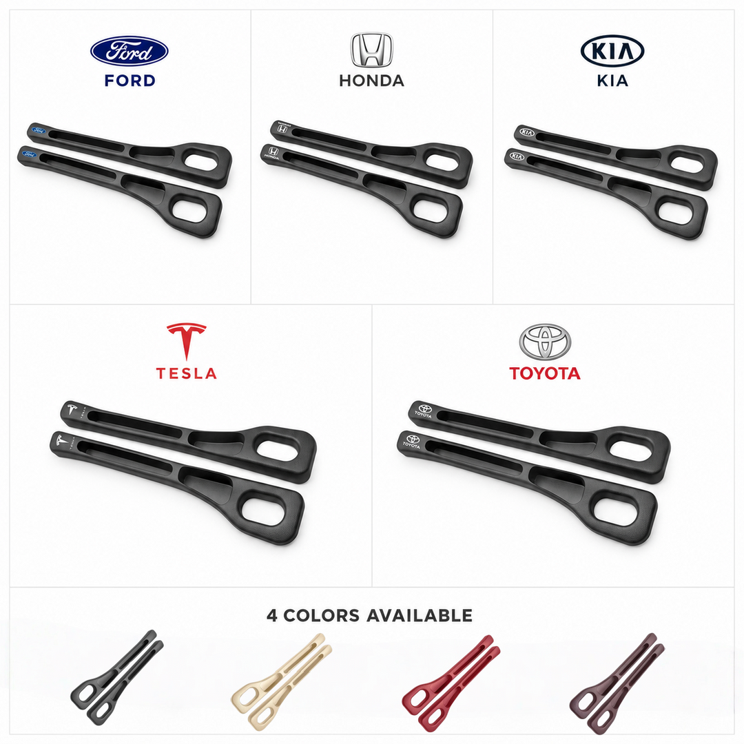 Car seat gap filler pairs shown for Ford, Honda, Kia, Tesla, and Toyota, with four color options.