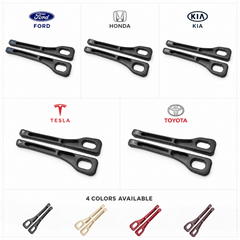 Car seat gap filler pairs shown for Ford, Honda, Kia, Tesla, and Toyota, with four color options.