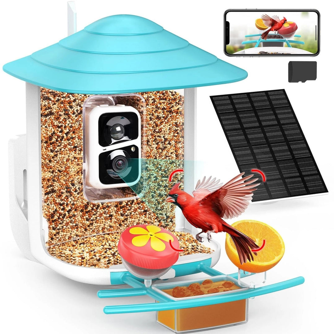 4 in. 1-Blue Smart Bird Feeder 60 oz. with Camera, Solar Panel and 140° View