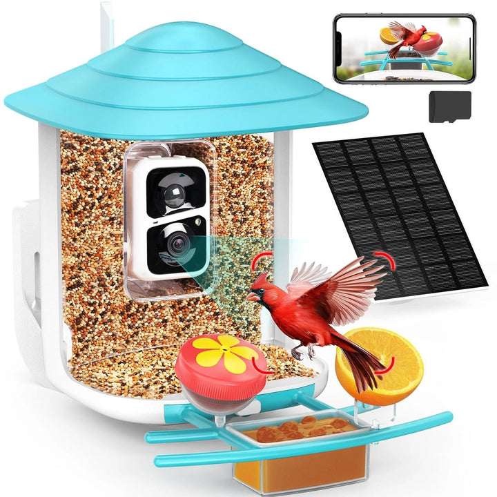 4 in. 1-Blue Smart Bird Feeder 60 oz. with Camera, Solar Panel and 140° View