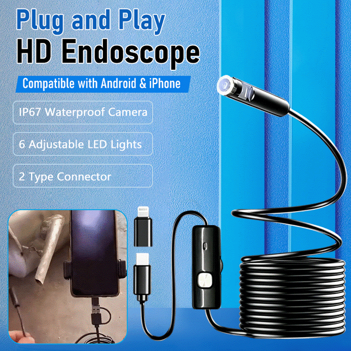 Plug-and-Play Endoscope Camera with Light – HD Inspection for Pipes &amp; Walls