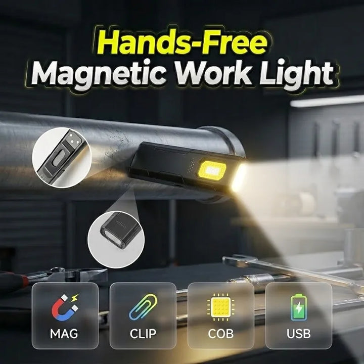 Magnetic Hands-Free Work Light - Dual Mode LED &amp; COB, Ultra-Light Clip