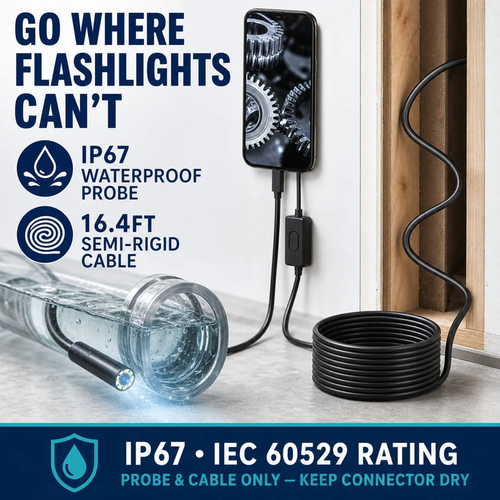 16.4ft HD Inspection Camera for iPhone &amp; Android – See Inside Walls, Drains &amp; Engines