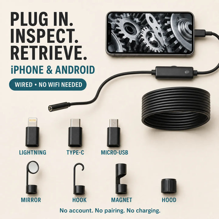 16.4ft HD Inspection Camera for iPhone &amp; Android – See Inside Walls, Drains &amp; Engines