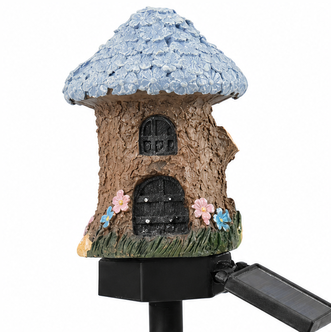 Solar Fairy Cottage Garden Stake Light, Hand-Sculpted Resin, Auto-On Warm LED