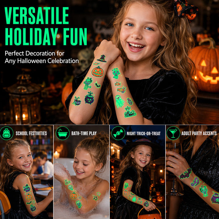 Glow-in-the-Dark Halloween Temporary Tattoos for Kids — Waterproof, Long-Lasting Party Stickers