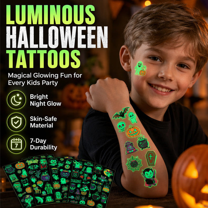 Glow-in-the-Dark Halloween Temporary Tattoos for Kids — Waterproof, Long-Lasting Party Stickers