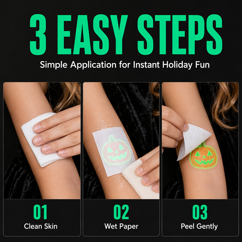 Glow-in-the-Dark Halloween Temporary Tattoos for Kids — Waterproof, Long-Lasting Party Stickers