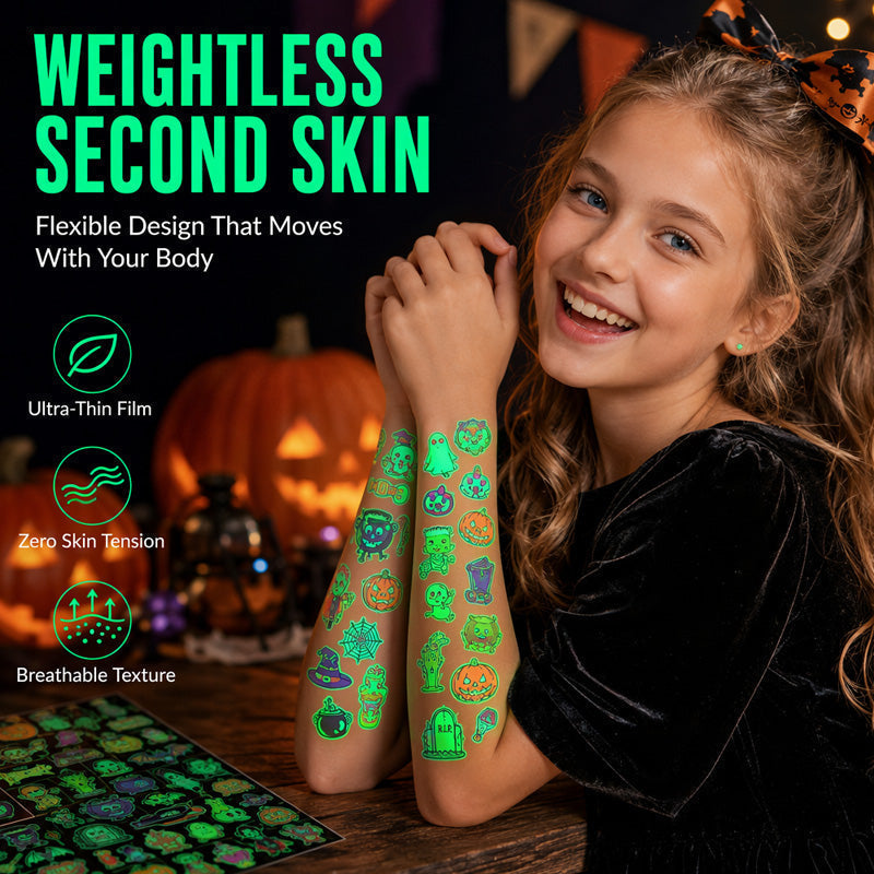 Glow-in-the-Dark Halloween Temporary Tattoos for Kids — Waterproof, Long-Lasting Party Stickers