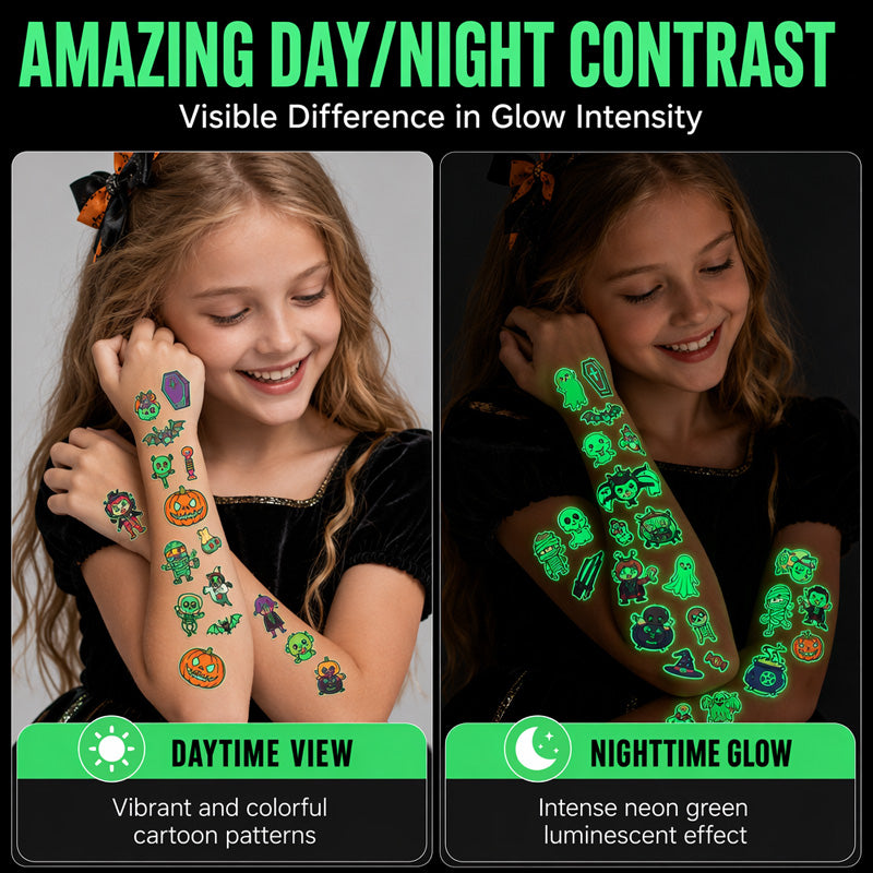Glow-in-the-Dark Halloween Temporary Tattoos for Kids — Waterproof, Long-Lasting Party Stickers