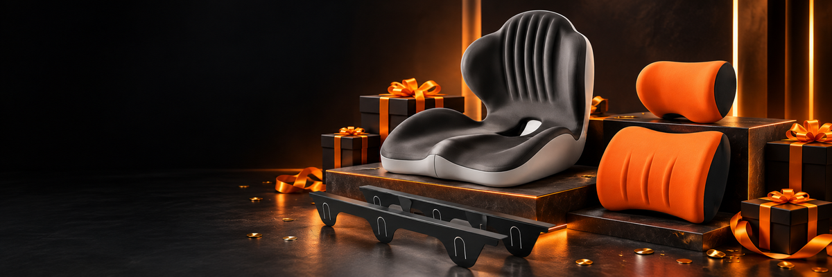 Seat and car cushions with stove gap covers in a black and orange gift display.