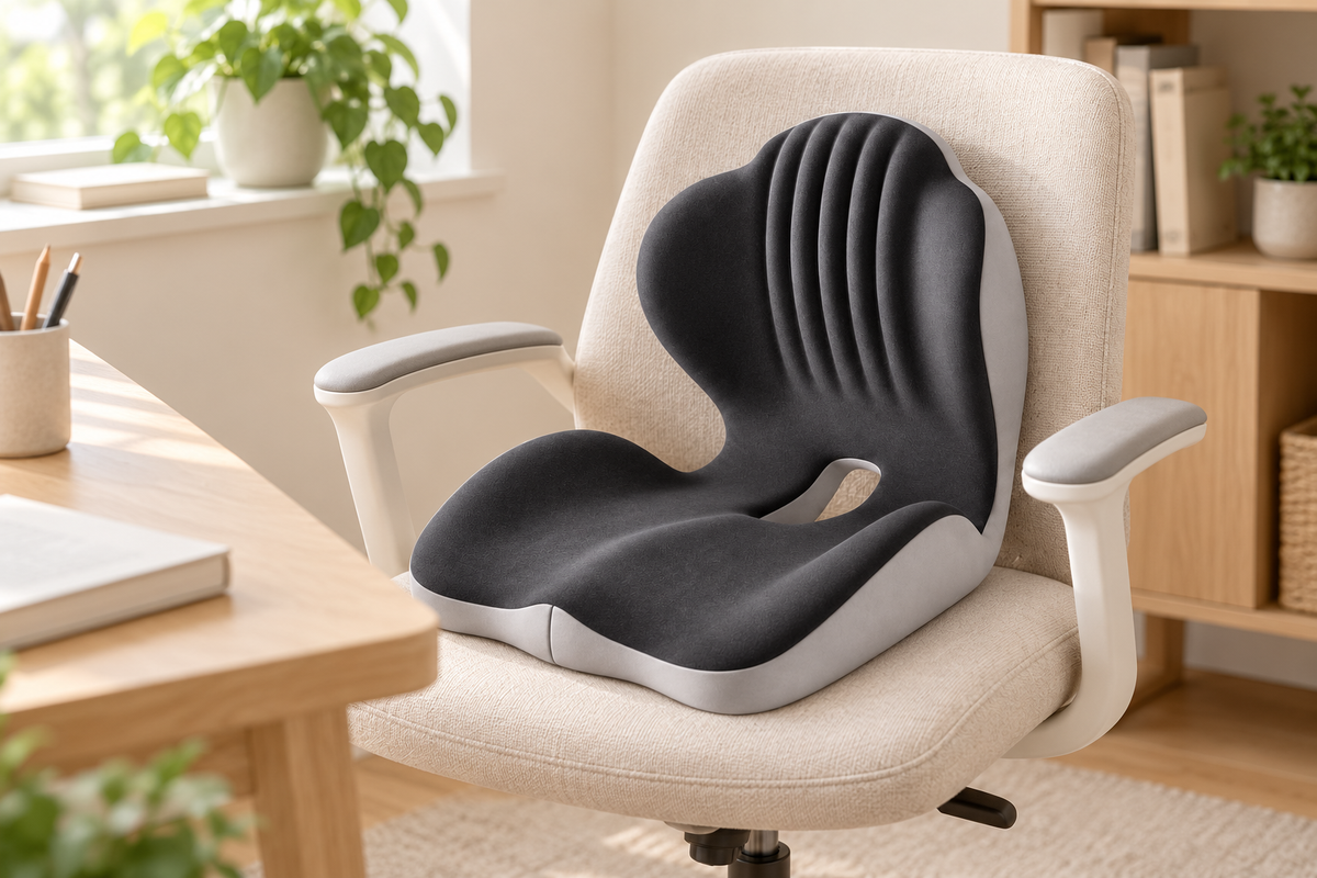 Black and gray L-shaped cushion on a cream office chair beside a light wood desk.