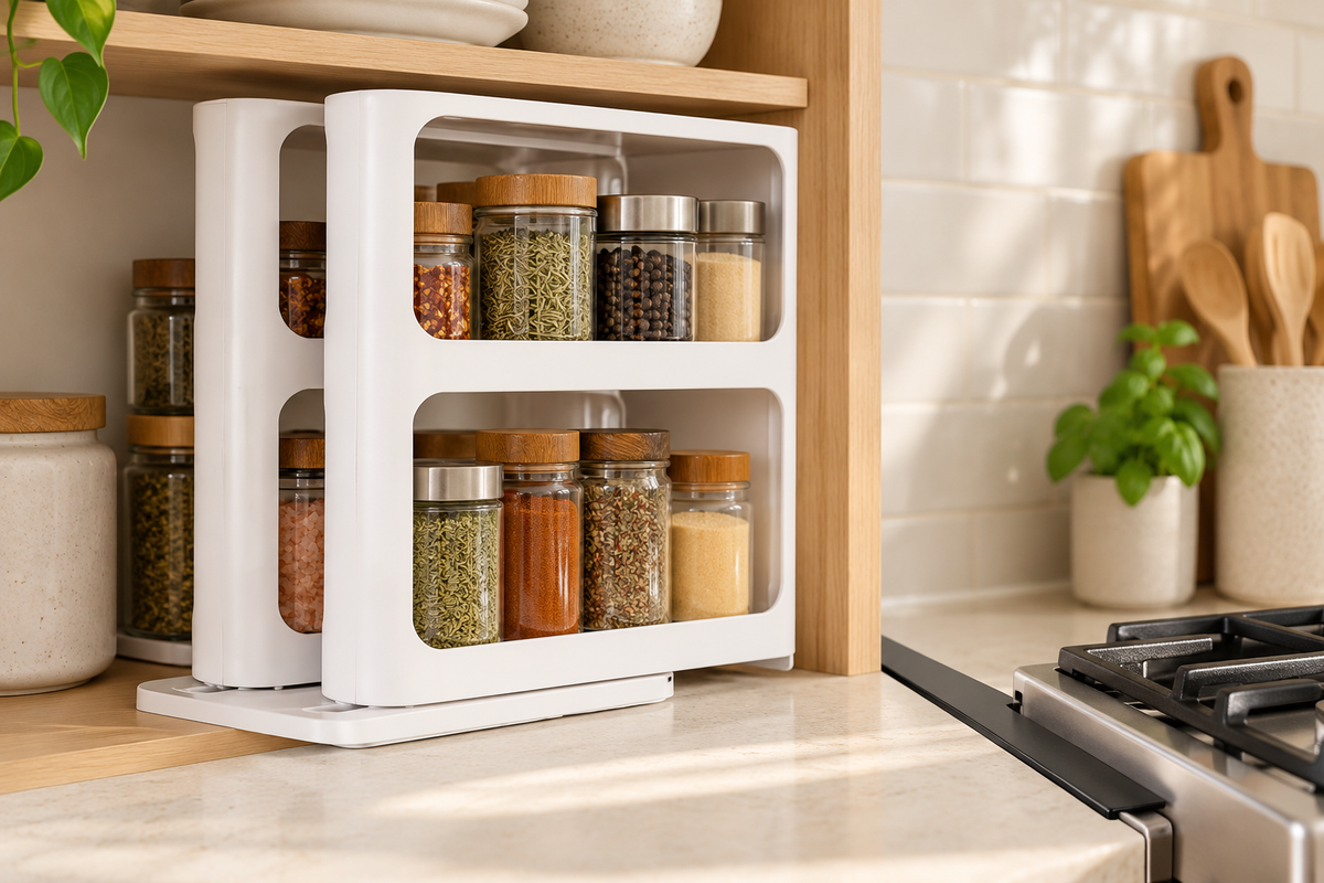 White two-tier spice organizer in a light wood kitchen, with a black gap cover beside the stove.